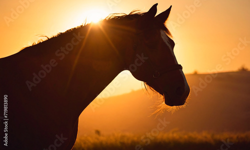 Portrait of a horse in the rays of the setting sun.
