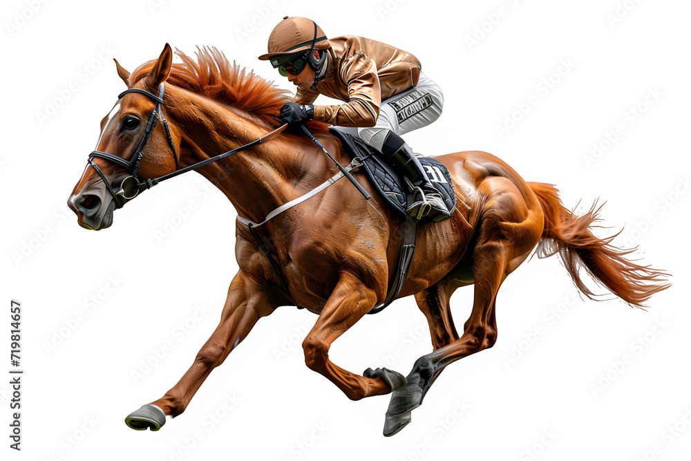 horse racer isolated on transparent background ,horse racing png ,generative ai - obrazy, fototapety, plakaty 