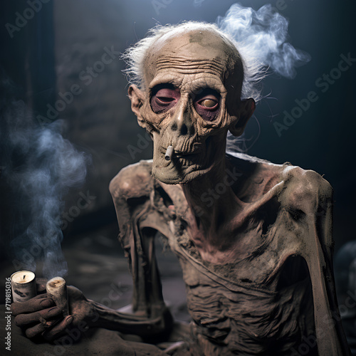 An emaciated man smokes and has lung disease, on background