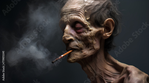 An emaciated man smokes and has lung disease, on background