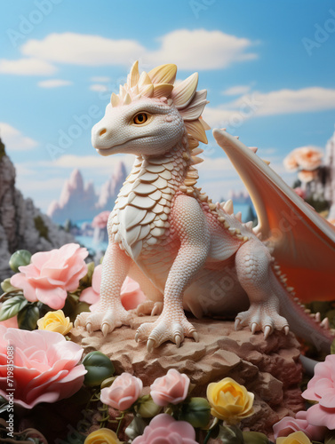 a cute strong fantasy dragon with wings standing on the stone with flowers under the blue sky