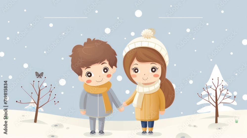 Winter time Cartoon illustration of children playing in the snow outdoors wearing jacket and beanie hat.
Winter time Cartoon illustration of children playing in the snow outdoors wearing jacket and beanie hat.