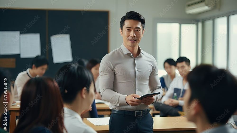 Asian male high school teacher teaches the white uniform students in the classroom Generative AI