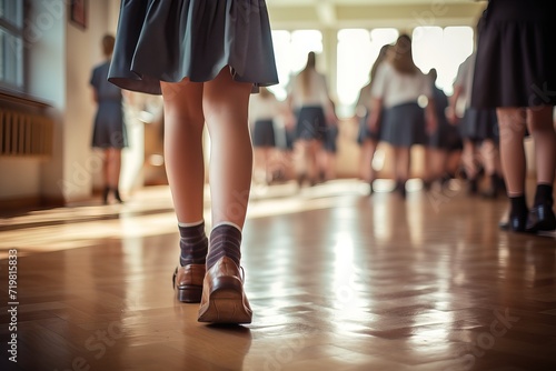 Close-up the feet of junior high school students walking through the classroom Generative AI © Tony
