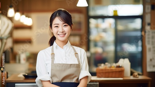 Japanese works in a cake shop pastry chef concept  with uniform She is a cake making staff Generative AI photo