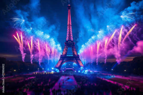 The eiffel tower in Paris, France silhouetted against celebration fireworks © ink drop