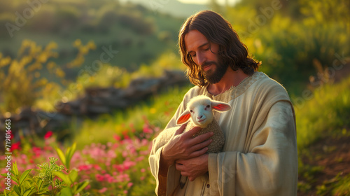 Jesus Christ holds a little lamb in his hands. A caring shepherd saves one lamb