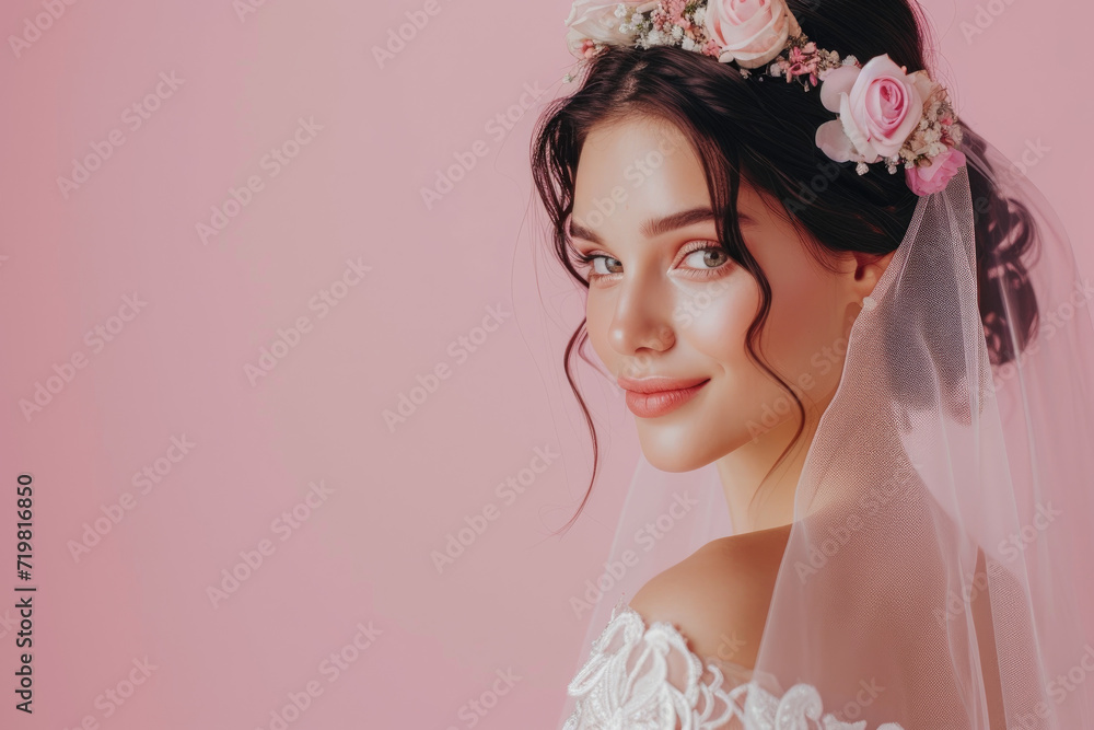 beautiful bride posing on pink background