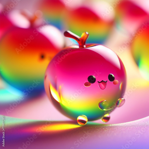 可愛くて小さな手と足の生えた、笑顔を浮かべるグラデーションで少し透き通った虹色の綺麗なガラス製の可愛いりんご 