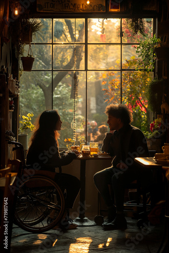 Disabled interracial couple enjoying a romantic dinner