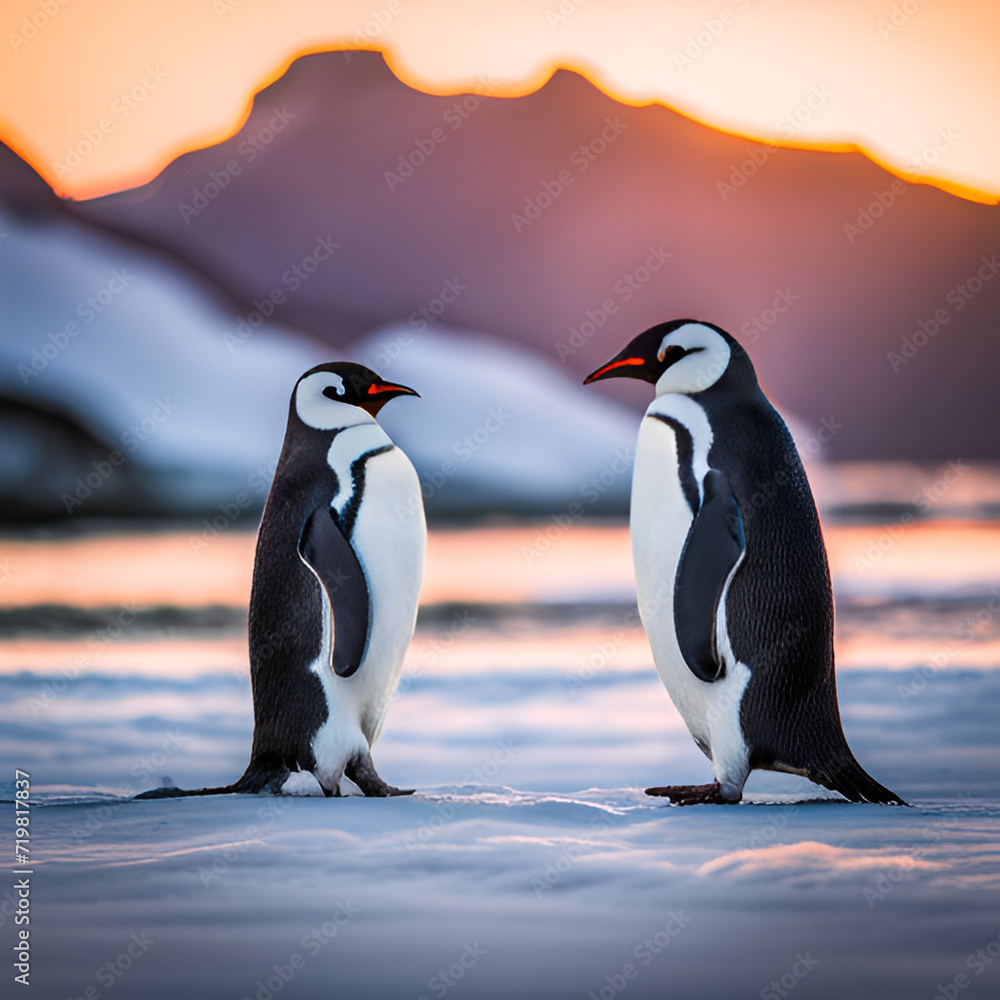 Obraz premium Adorable penguin couple in Antarctica. Generative AI
