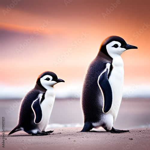 A family with cute baby penguins and parent penguins in Antarctica. Generative AI