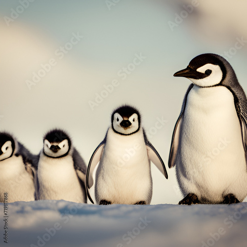 Mother penguin marches with three baby penguins in Antarctica. Generative AI