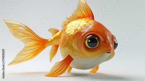 Goldfish on white background, An isolated goldfish with vibrant orange and white colors, gracefully swimming in an aquarium with a white background, showcasing its natural beauty and unique fins
