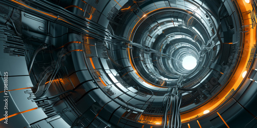 science fiction futuristic architecture interior with spiral curved structure, generative AI