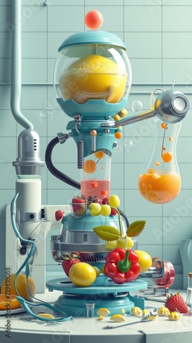 Cartoon digital avatars of Molecular Gastronomist mixing together ingredients in a beaker, while a futuristic machine injects flavor into a dish.