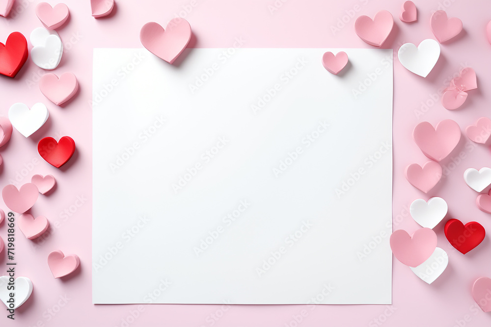 Generative AI Image of Empty White Paper with Love Heart Handcraft on Pink Background