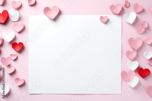 Generative AI Image of Empty White Paper with Love Heart Handcraft on Pink Background © heartiny