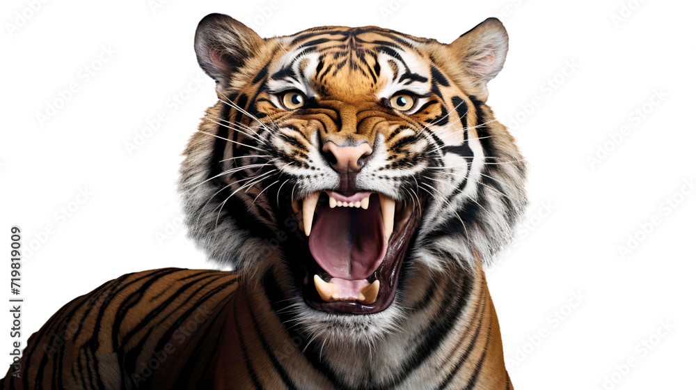 Obraz premium Portrait of a tiger with angry face and open the mouth, isolated on transparent background