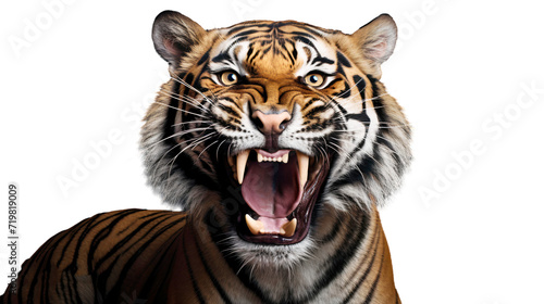 Portrait of a tiger with angry face and open the mouth, isolated on transparent background