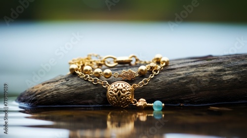 Macro shot of a dainty gold bracelet, adorned with delicate charms and sitting on a weathered wooden dock by a lake.