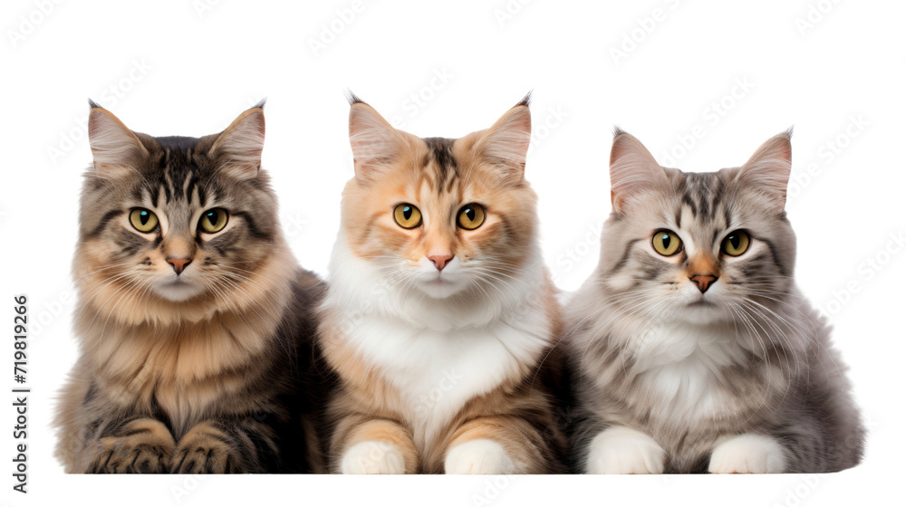 Group of cats with three kittens, isolated on transparent background