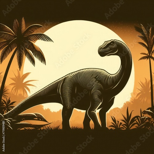 jurassic silhouette a dinosaur against a tropical sunset © grocery store design