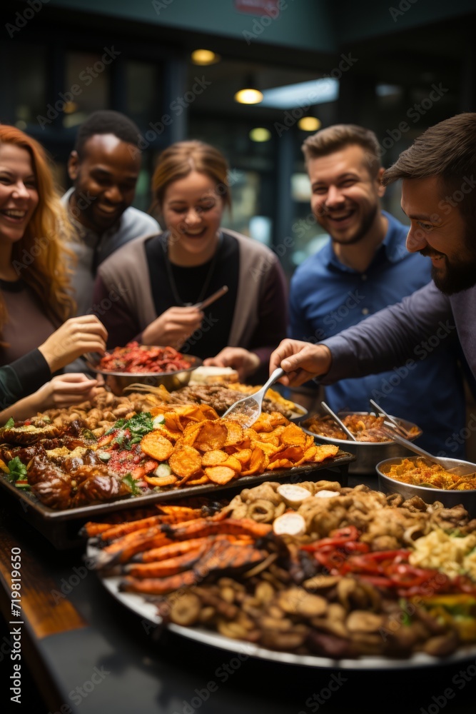 Colleagues representing various cultures bonding over a variety of street food delights in the office, Generative AI