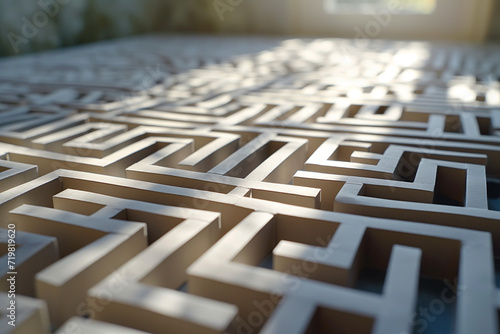 Business Maze Solution: Navigating a 3D labyrinth of challenges, this illustration represents the complex path to success with a textured background, offering a visual metaphor for finding solutions i