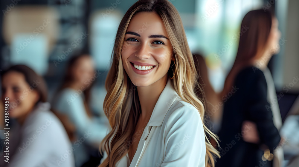 Smiling Woman Stands in Front of a Group of People Smiling Woman Stands in Front of a Group of People