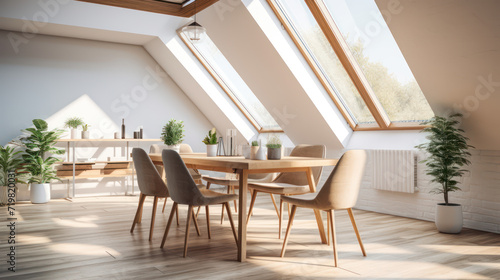 A Minimalist interior design of a modern Dining table and chairs in a clear loft with wooden beams in the dining room, a room with morning sunlight streaming through the window.