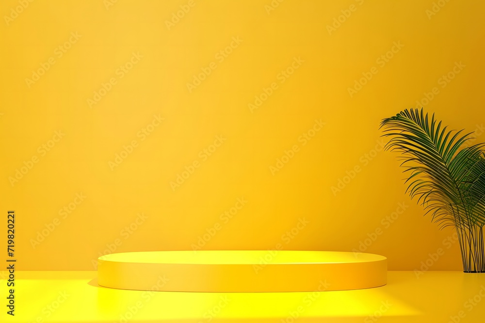 Yellow background studio interior room with tropical palm shadow. Minimalist summer product stage platform mock up. Yellow background studio interior room with tropical palm shadow. Minimalist summer product stage platform mock up.