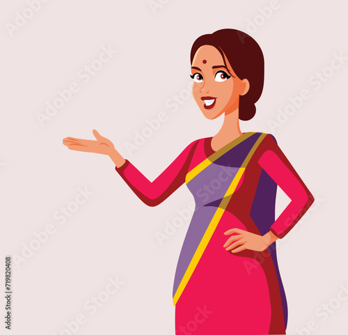 Happy Young Indian Woman Making Presentation Gesture Vector Character. South Asian girl holding her palm up announcing an offer sale 
