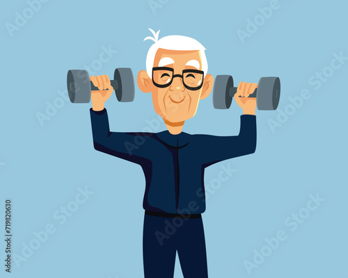Senior Man Lifting Dumbbells Vector Cartoon Character. Happy healthy grandpa doing his weight lifting exercise routine 
