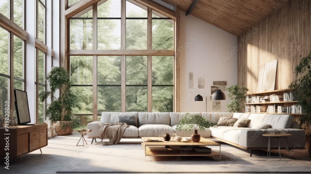 A Minimalist interior design of Mid-century loft home in a clear loft modern living room in house in forest. a room with morning sunlight streaming through the window.