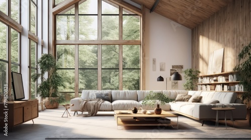 A Minimalist interior design of Mid-century loft home in a clear loft modern living room in house in forest. a room with morning sunlight streaming through the window.