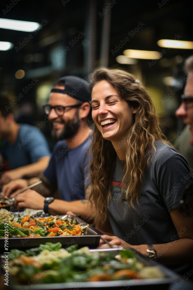 Diverse employees laughing and enjoying a potluck lunch in the office, creating a vibrant and inclusive work environment, Generative AI