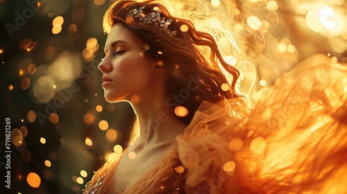 A woman wearing a gauzy, flowing dress in shades of gold and peach, her hair adorned with jeweled hairpins and her skin highlighted with a soft, golden glow from the sparks.