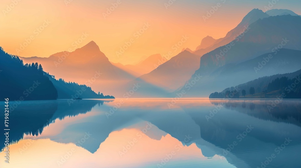 Image of a vibrant sunset over a serene lake, with colorful reflections shimmering on the water