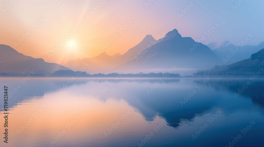 Image of a vibrant sunset over a serene lake, with colorful reflections shimmering on the water Image of a vibrant sunset over a serene lake, with colorful reflections shimmering on the water