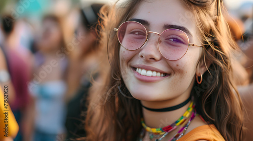 Smiling Woman Wearing Glasses Looks Directly Into the Camera