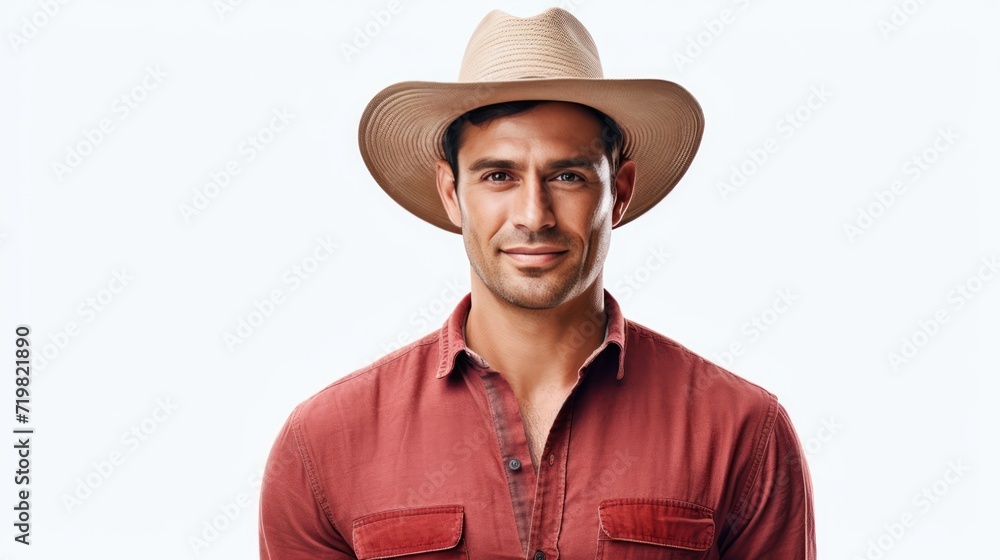 Agriculture, Confident Farmer Wearing a wide-brimmed hat and a red striped shirt, standing looking at the camera, isolated on a white transparent background. Agriculture, Confident Farmer Wearing a wide-brimmed hat and a red striped shirt, standing looking at the camera, isolated on a white transparent background.