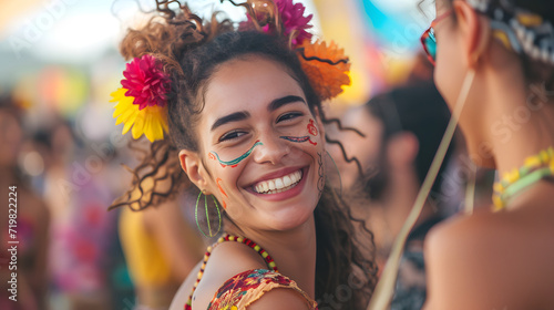 Woman With Painted Face and Flower Adorned Hair photo