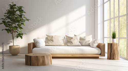 A Minimalist interior design of a modern living room, sofa and stump pillows, in a room with morning sunlight streaming through the window.