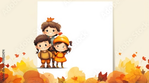 Greeting card template with autumn theme  children s illustrations  with copy space for text.  