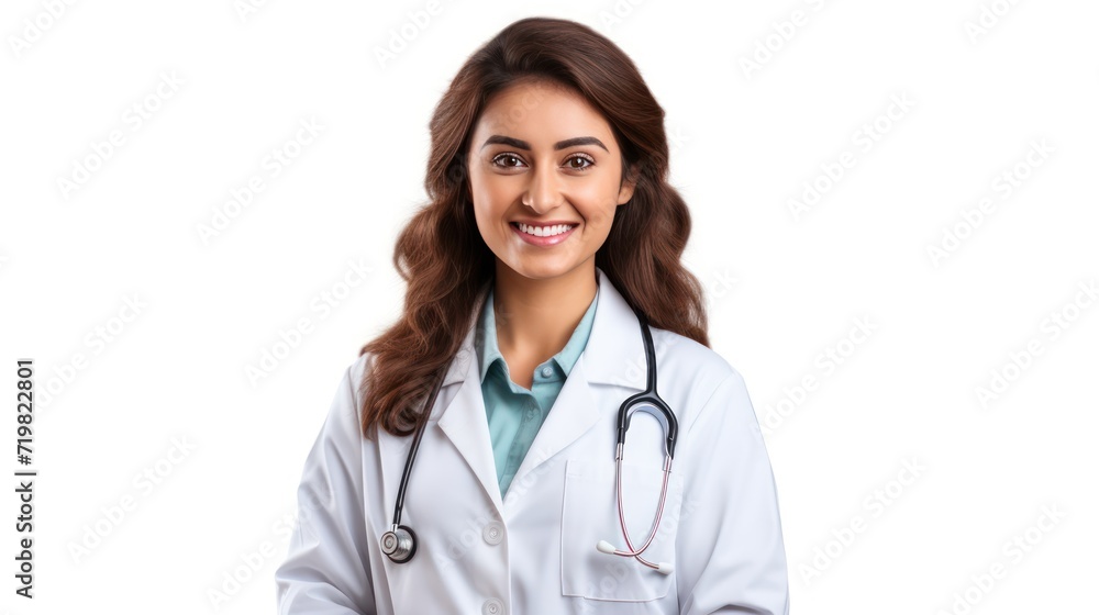 A Portrait of a beautiful happy young doctor on a white isolated transparent background. A Portrait of a beautiful happy young doctor on a white isolated transparent background.