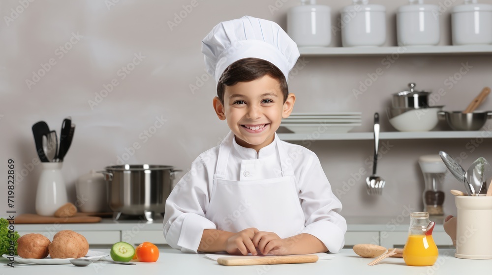 A Cooking, happy boy wearing chef's uniform. Little cook and kitchen equipment. Cooking concepts in the chef profession On empty space on white transparent background isolated A Cooking, happy boy wearing chef's uniform. Little cook and kitchen equipment. Cooking concepts in the chef profession On empty space on white transparent background isolated