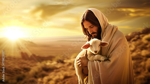 Jesus Christ holds a little lamb in his hands. A caring shepherd saves one lamb