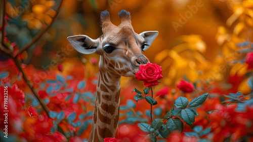 Anthropomorphic portrait of a giraffe holding a rose in an elongated nec