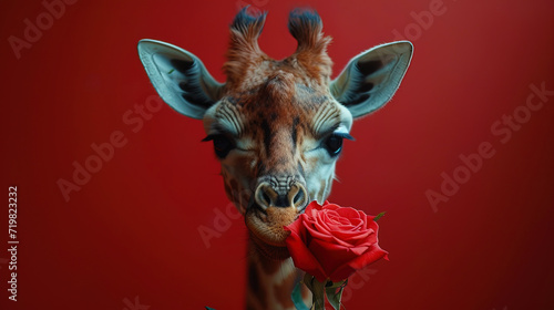 Anthropomorphic portrait of a giraffe holding a rose in an elongated ne © JVLMediaUHD